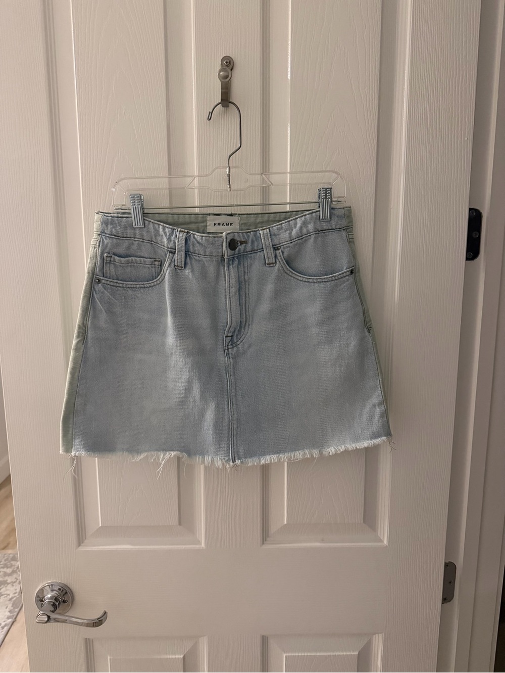 Frame Denim Pale Blue Frayed Hem Denim Mini Skirt